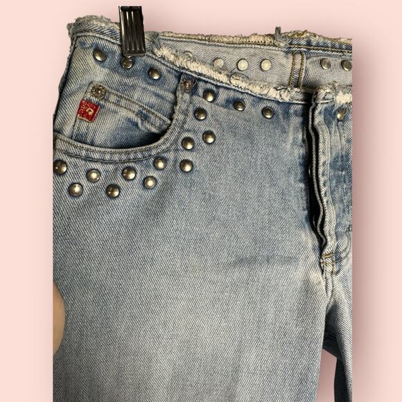 Y2K ultra low Rise Jeans Flare Wide Leg Light Studded button fly mudd size 0 25 - Picture 2 of 4